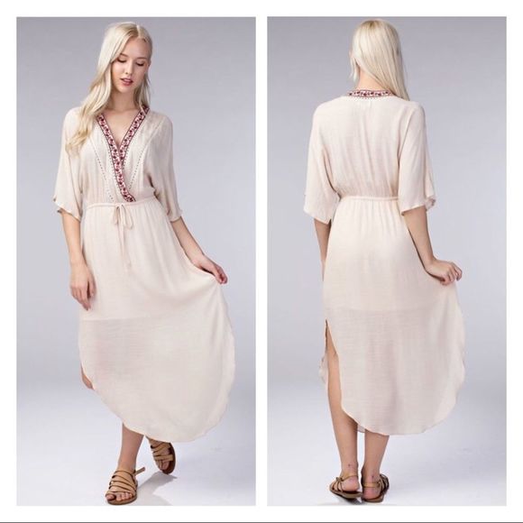 Embroidered trim kimono sleeve midi dress - Picture 1 of 7